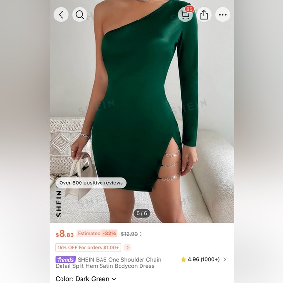 SHEIN One Shoulder Green Bodycon Dress - Picture 5 of 6